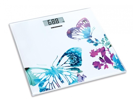 RESIGILAT – CANTAR DE BAIE HEINNER HBS-150BTF, 150kg, platforma din sticla securizata 6mm, display LCD, Alb/Abstract