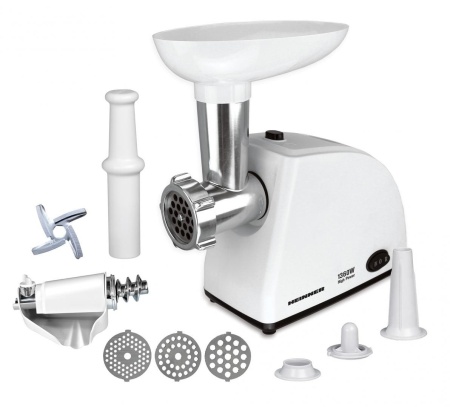 RESIGILAT – MASINA DE TOCAT HEINNER MG-W1200R, Putere 1360W, 1.5kg/min, Accesoriu rosii, Accesoriu carnati, Cutit inox, 3 site taiere, Alb