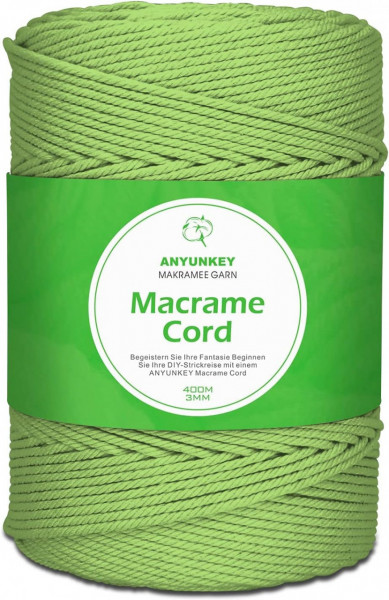 Rola de macrame pentru mestesuguri ANYUNKEY, bumbac, verde, 400m x 3 mm