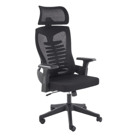 Scaun birou egonomic HM Polon, mesh, mecanism inclinare, baza polipropilena, suport lombar, tetiera, 100 kg, negru
