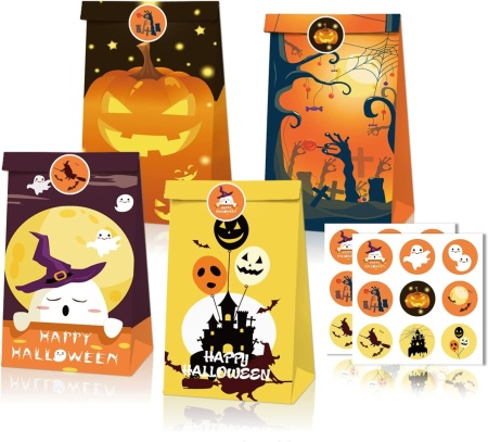 Set 12 pungi si 2 foi cu stickere pentru Halloween, hartie, multicolor, 12 x 7,8 x 20 cm