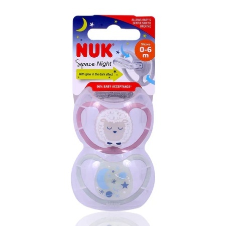Set 2 suzete NUK SPACE, NIGHT, SILICON, 0-6 luni, fete, Resigilat, Grad A