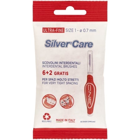 Set 8 periute interdentare Silver Care Ultra-Fine Size 1-0,7 mm capac protectie culoare Rosie