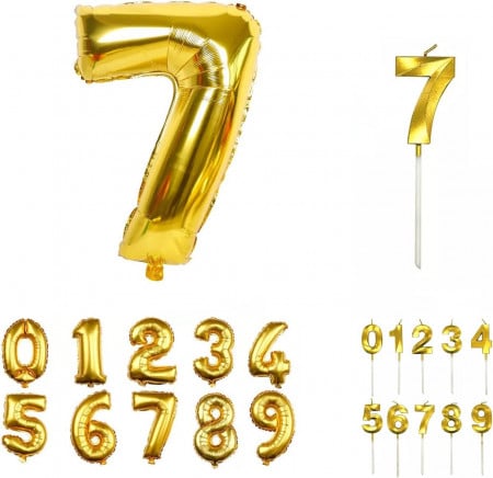 Set aniversar cu balon si lumanare pentru 7 ani REVIBOS, folie/ceara, auriu, 100 cm / 12,5 x 3,5 cm
