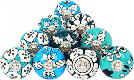 Set de 10 manere pentru dulapuri/sertare Handicraft India, ceramica, albastru/alb, 38 x 50 mm - Img 1