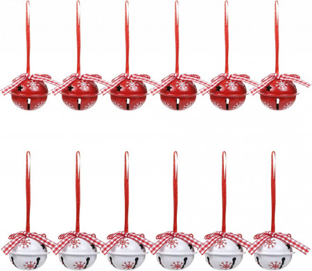 Set de 12 clopotei pentru bradul de Craciun LEMESO, metal, alb/rosu, 3,7 x 10,5 cm