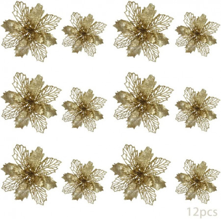 Set de 12 flori artificiale pentru bradul de Craciun Anyingkai, plastic/poliester, auriu, 16 cm / 10 cm - Img 1