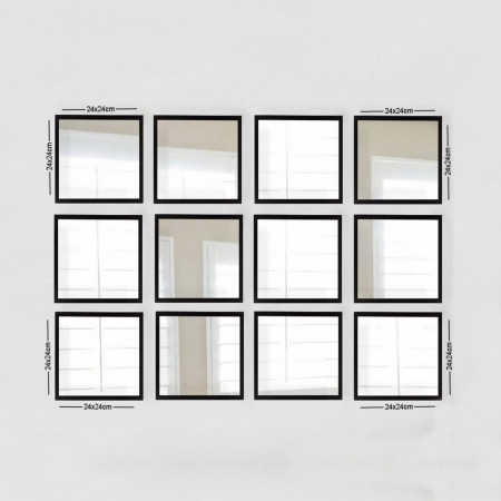 Set de 12 oglinzi decorative Ebern Designs, plastic laminat/sticla, negru, 24 x 24 cm