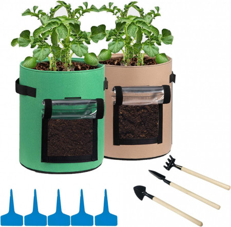 Set de 2 saci pentru plante 3 unelte si 5 etichete Yokawe, textil/metal/lemn/plastic, multicolor, 44 x 36,3 cm / 22 cm / 21 cm / 20 cm - Img 1