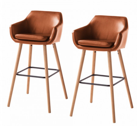 Set de 2 scaune de bar Nicholas I din piele sintetica/stejar/metal, maro, 55 x 101 x 54 cm - Img 1