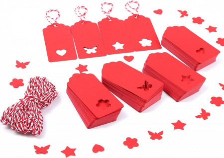 Set de 200 etichete si sfoara pentru cadouri WIWJ, hartie/textil, rosu, 10,5 x 5,5 cm / 1,5 x 2 cm / 200 m