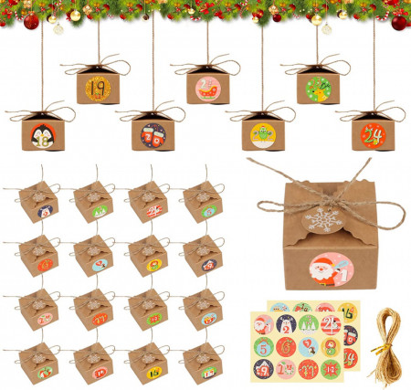 Set de 24 cutii cadou cu etichete si autocolante pentru calendar de advent Gxhong, hartie, multicolor, 6,5 x 6,5 x 4 cm / 3,5 cm