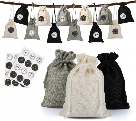Set de 24 saculeti cu autocolante pentru calendar de advent Naler, textil/hartie, alb/negru/gri, 10 x 14 cm/ 4 cm - Img 1
