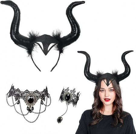 Set de 3 bentite Queen Horns Headpiece, pentru Halloween, plastic, negru