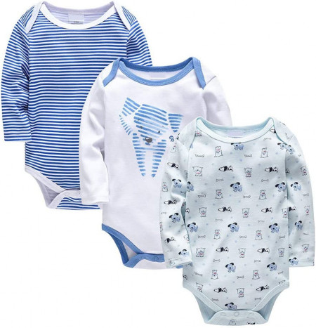 Set de 3 body-uri pentru bebelusi JiAmy, bumbac, alb/albastru, 6-9 luni - Img 1