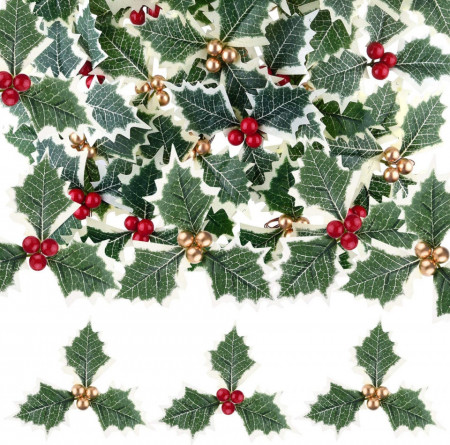 Set de 30 frunze cu fructe artificiale pentru decorare ornamente de Craciun TUPARKA, spuma/poliester, rosu/verde/auriu, 13 cm - Img 1