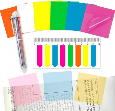 Set de 300 notite transparente cu markeri fluorescenti si pix in 6 culori TUIBEIDAMAI, hartie/plastic, multicolor