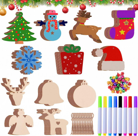 Set de 36 pandative si 8 culori pentru pictura de Craciun Herefun, lemn/plastic, multicolor