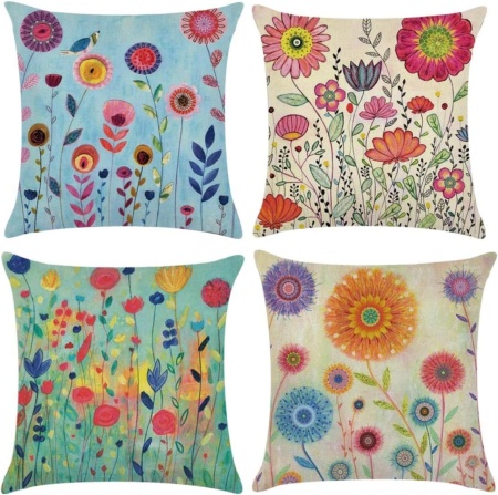 Set de 4 huse pentru perna Coyvesar, model floral, bumbac/in, multicolor, 45 x 45 cm