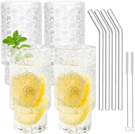 Set de 4 pahare cu paie si 2 perii Upzai, sticla, transparent, 350 ml