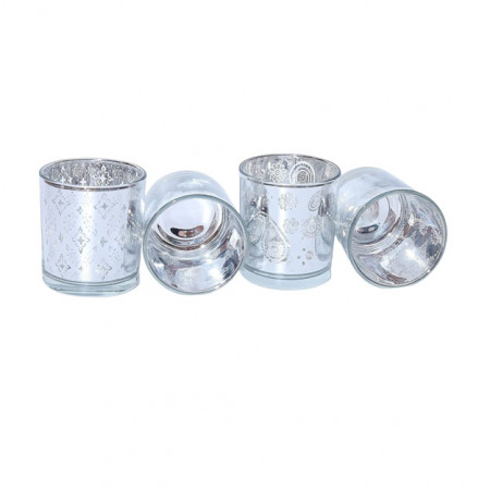 Set de 4 suporturi pentru lumanari Flanacom, sticla, argintiu, 7 x 8 cm