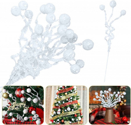 Set de 6 ramuri cu boabe pentru ornamente Home, alb, plastic/fier, 38 cm