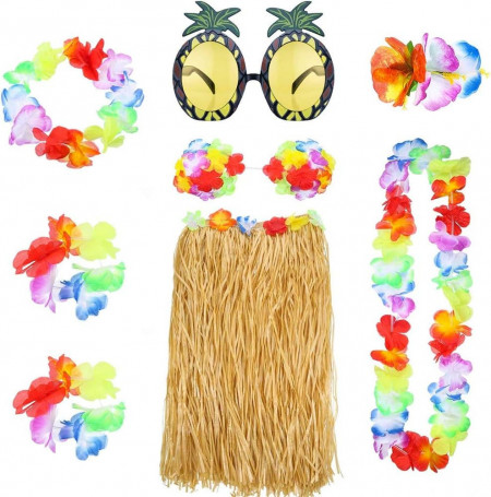 Set de 8 fuste cu accesorii pentru petrecere Hawaiiana, textil/plastic, multicolor, 60 cm