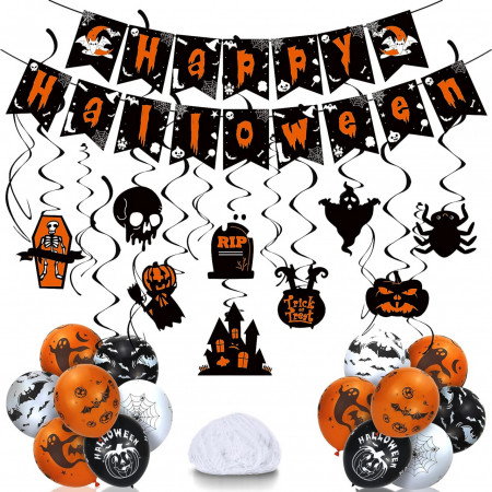 Set de decoratiuni pentru Halloween Linaye, latex/hartie, alb/portocaliu/negru, 40 piese