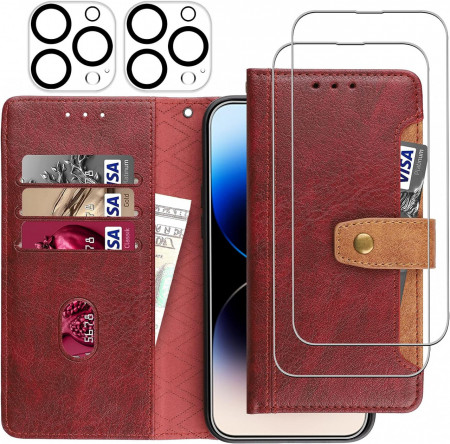 Set de husa cu 2 folii de protectie ecran si 2 camera pentru iPhone 14 Pro Max Gimane, piele PU/sticla securizata, rosu, 6,7 inchi