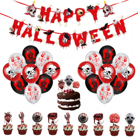 Set decoratiuni pentru Halloween Fyvadio, hartie/latex, alb/rosu/negru, 32 piese