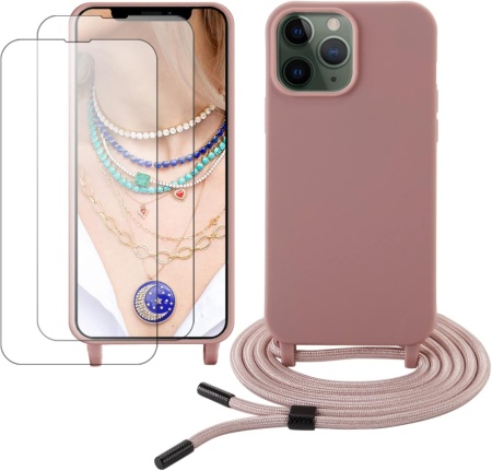 Set husa cu snur si 2 folii de protectie pentru iPhone 13 Pro Gumo-Long, poliester/TPU/sticla, roz/transparent, 6,1 inchi