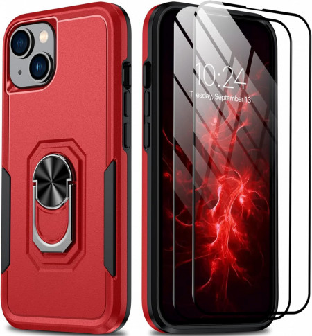 Set husa si 2 folii pentru iPhone 14 Antshare, TPU/sticla securizata, rosu/negru/transparent, 6,1 inchi