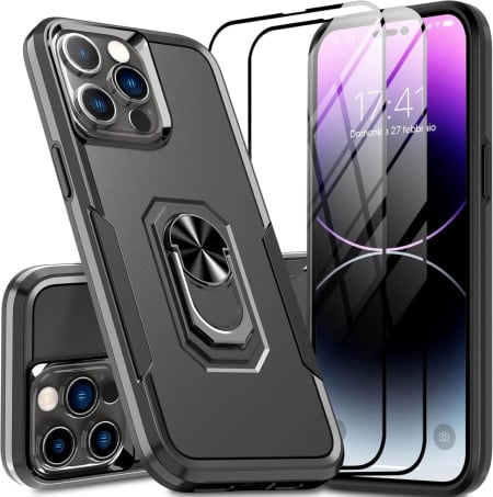 Set husa si 2 folii pentru iPhone 14 Pro Max Oterkin, TPU/sticla securizata, negru, 6,7 inchi