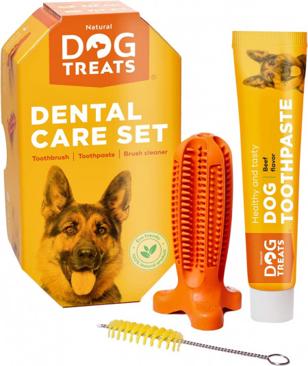 Set ingrijire dentara pentru caini Natural Dog, periuta si pasta de dinti, cauciuc, portocaliu, marimea S