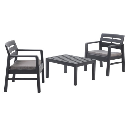 Set mobilier terasa/gradina, Progarden, LOMBOK, 3 piese, polipropilena, antracit, 2 scaune 63x58x74 cm, masa 74x55x38 cm, cu perne incluse, Resigilat, Grad A