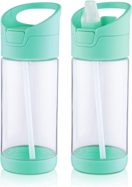 Sticla de apa pentru copii cu pai wedrink, plastic, verde, 350 ml