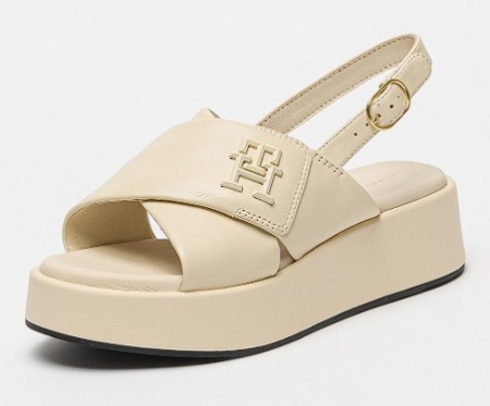 Tommy Hilfiger, Sandale din piele cu talpa wedge si barete incrucisate, Bej deschis, 38, Resigilat, Grad A - Img 1