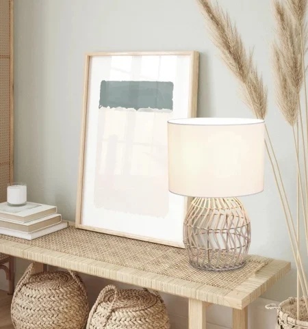 Veioza Gorgonio, ratan/textil, alb/natur, 38 x 25 x 25 cm - Img 1