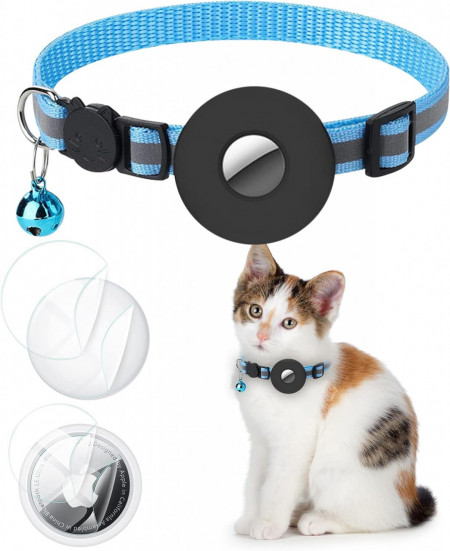 Zgarda pentru pisici cu suport pentru AirTag Dragontime, nailon/plastic, albastru/negru, 22-35 cm