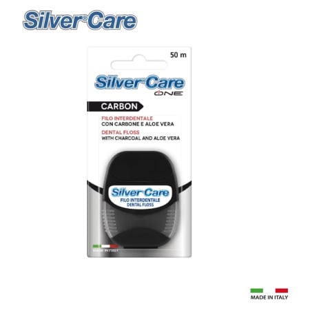 Ata dentara Silver Care Black Floss actiune albire Carbune activ si Aloe Vera, aroma Menta, 50m, made in Italy