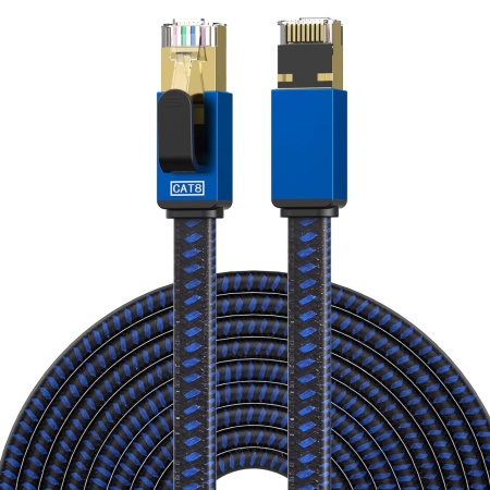 Cablu plat Ethernet Cat8 RJ45 SSTP Lekvkm, nailon/metal, albastru/negru, 10 m