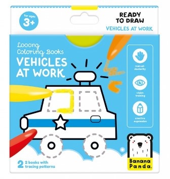 Carte de colorat pentru bebelusi Banana Panda Ready To Draw, Vehicule la lucru, 23 ilustratii simple, 2 carti tip acordeon, 96 cm lungime