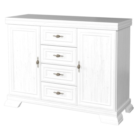 Comoda living VM3, 2 usi, 4 sertare, Alb Antichizat, 128 x 46 x 97 cm