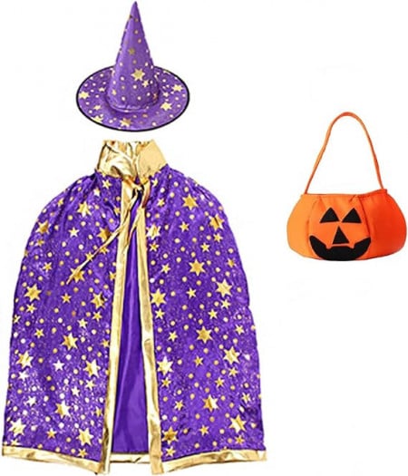 Costum de Halloween Hallojojo, 3 piese, poliester, mov/auriu/portocaliu,  potrivit pentru inaltimi de la 90 la 140 cm