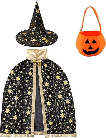 Costum de Halloween pentru copii Winwild, 3 piese, textil, negru/auriu/portocaliu, 72 cm