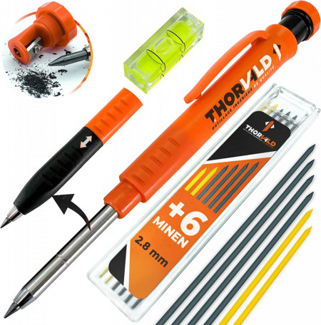 Creion mecanic cu ascutitoare si 6 mine de rezerva pentru constructii THORVALD, portocaliu, metal - Img 1
