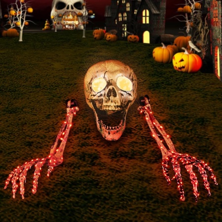 Decoratiune iluminata de Halloween model schelet Geulieby, 3 piese, plastic, alb/rosu, 100 led-uri