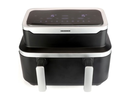 Friteuza dubla cu aer cald Heinner match&sinc HAF-DDB9BK26, 2600w, capacitate totala 9l, control digital individual, termostat reglabil 60-200 grade, negru, RESIGILAT, 1 AN GARANTIE