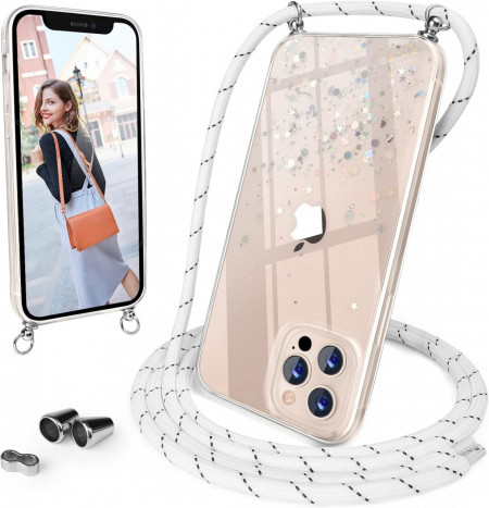 Husa cu snur pentru iPhone 13 Pro UNDEUX, silicon/textil, alb/transparent, 6,1 inchi - Img 1