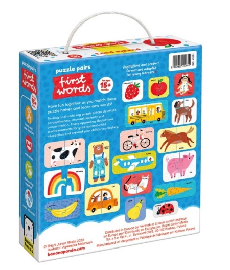 Joc tip puzzle pentru copii si bebelusi, Banana Panda, Puzzle Pairs First Words, 36 piese, 18 imagini cu fructe, animale, vehicule formate din 2 piese